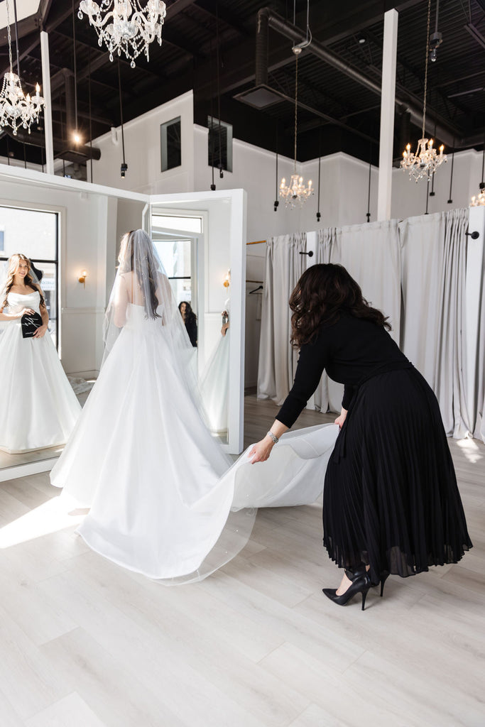 bride during her wedding dress shopping appointment in St. Albert and Edmonton area